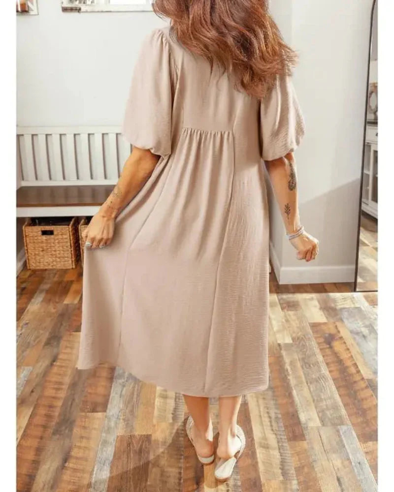 Women’s V-Neck Puff Sleeve Empire Waist A-Line Maxi Dress