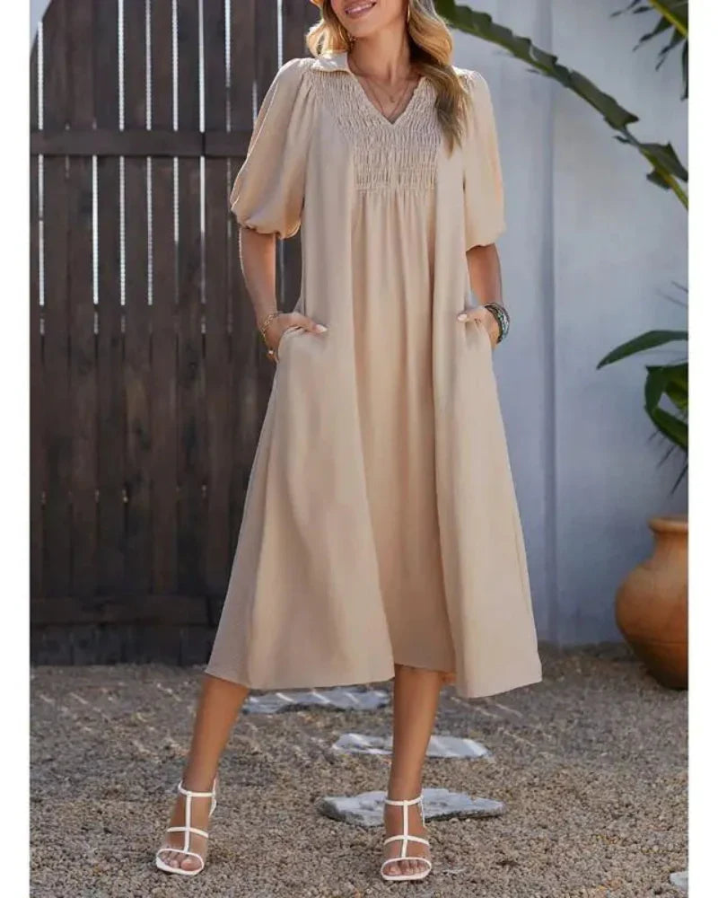 Women’s V-Neck Puff Sleeve Empire Waist A-Line Maxi Dress