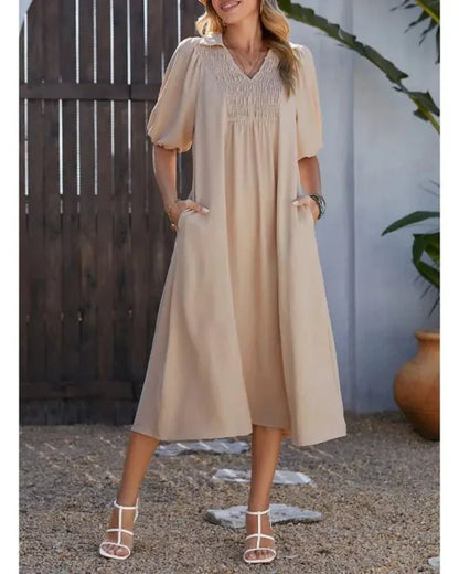 Women’s V-Neck Puff Sleeve Empire Waist A-Line Maxi Dress