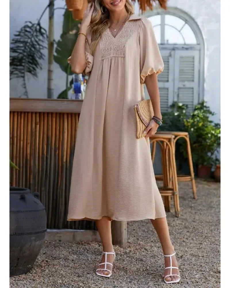Women’s V-Neck Puff Sleeve Empire Waist A-Line Maxi Dress