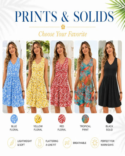 Summer V-Neck Tank Sundress with Pockets — Casual Beach Dress