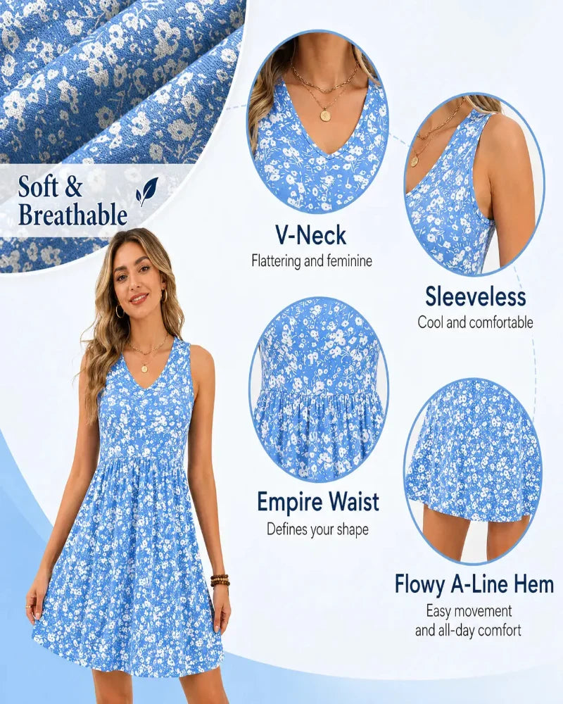 Summer V-Neck Tank Sundress with Pockets — Casual Beach Dress