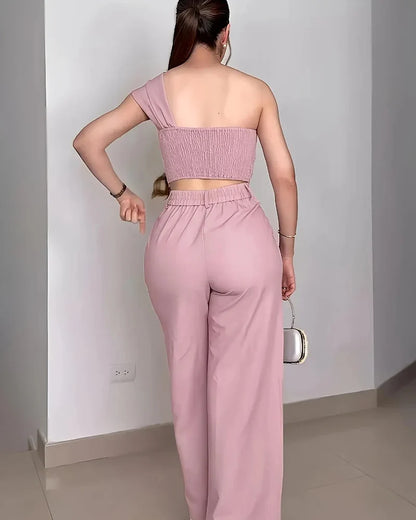 Off-Shoulder Floral Set — Crop Top & Wide-Leg Pants