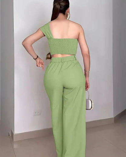 Off-Shoulder Floral Set — Crop Top & Wide-Leg Pants
