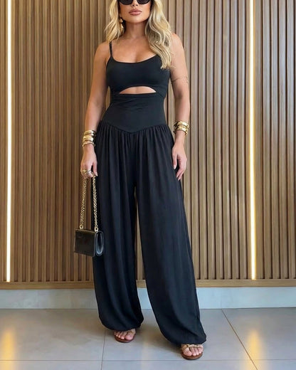 Cut-Out Cami Jumpsuit — Backless Ruched Romper with Pockets