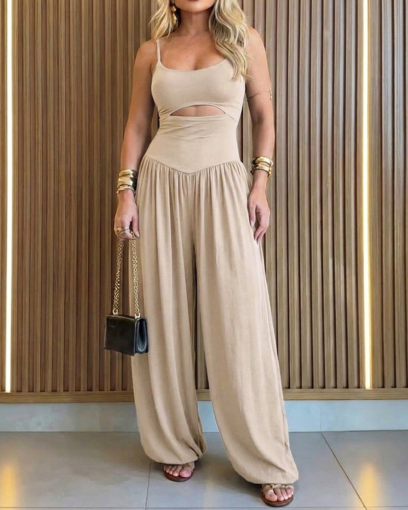 Cut-Out Cami Jumpsuit — Backless Ruched Romper with Pockets