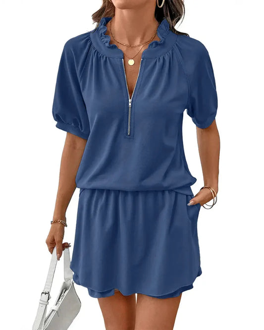Casual Summer 2-Piece Set, Half-Zip Pullover & Ruffle Mini Skirt