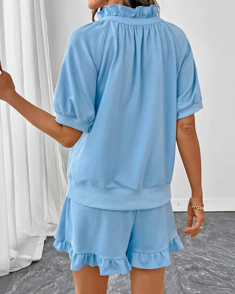 Casual Summer 2-Piece Set, Half-Zip Pullover & Ruffle Mini Skirt