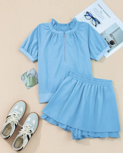 Casual Summer 2-Piece Set, Half-Zip Pullover & Ruffle Mini Skirt