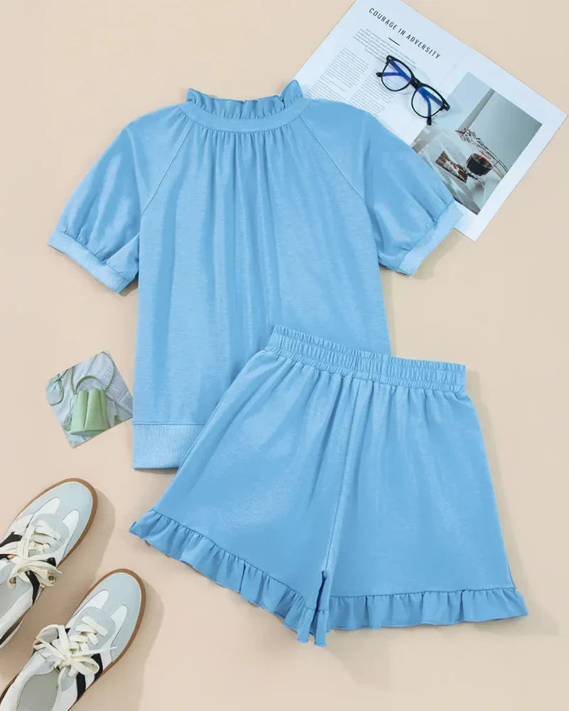 Casual Summer 2-Piece Set, Half-Zip Pullover & Ruffle Mini Skirt