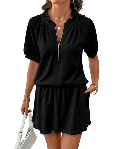 Casual Summer 2-Piece Set, Half-Zip Pullover & Ruffle Mini Skirt